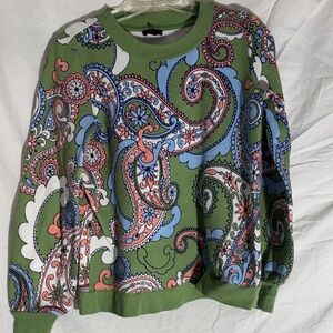 Talbots Green Paisley Sweatshirt with Blue and Pink Accents